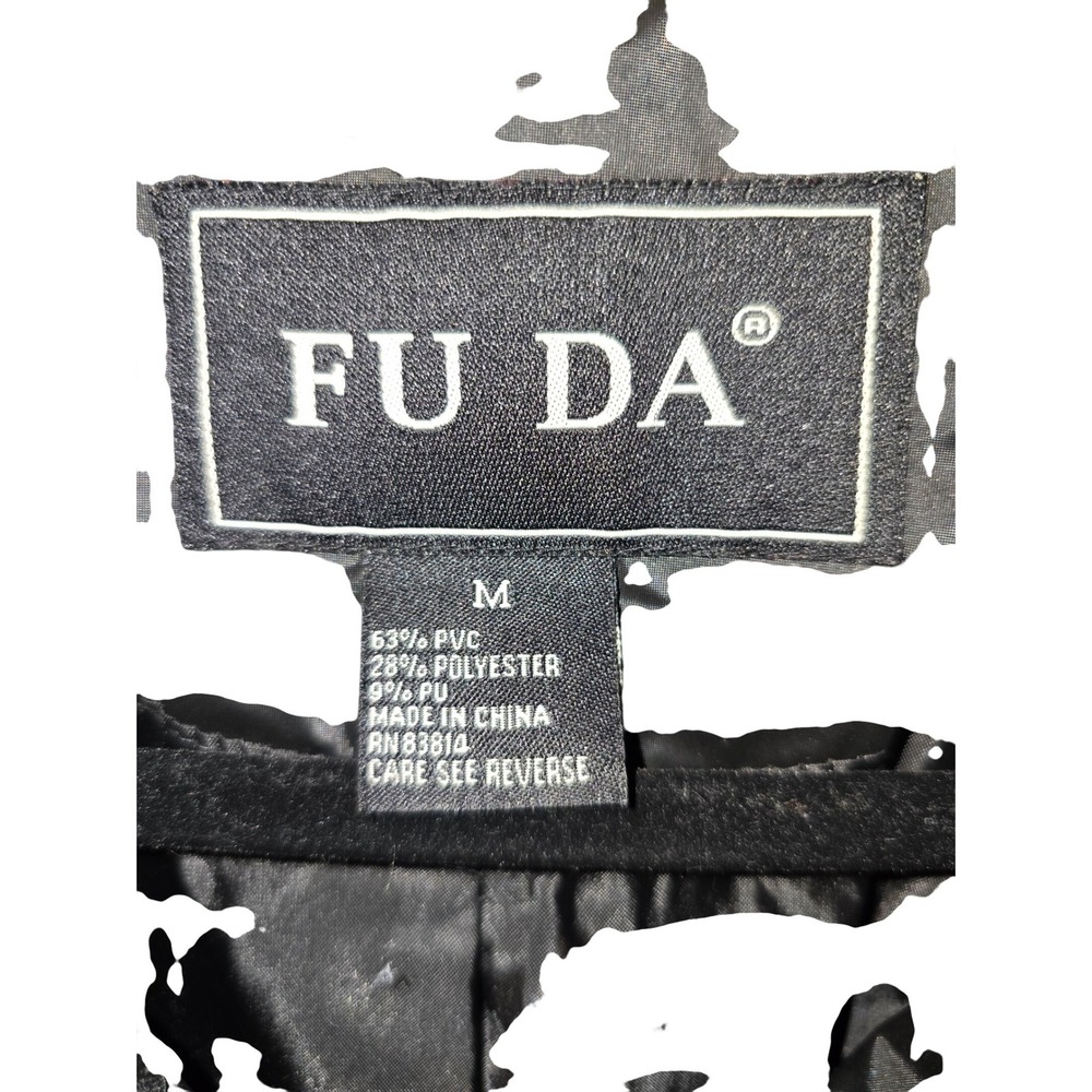Fu Da Womens Black shiny Raincoat Mid Length Faux Leather Snap‎ Front Jacket M - Picture 3 of 5